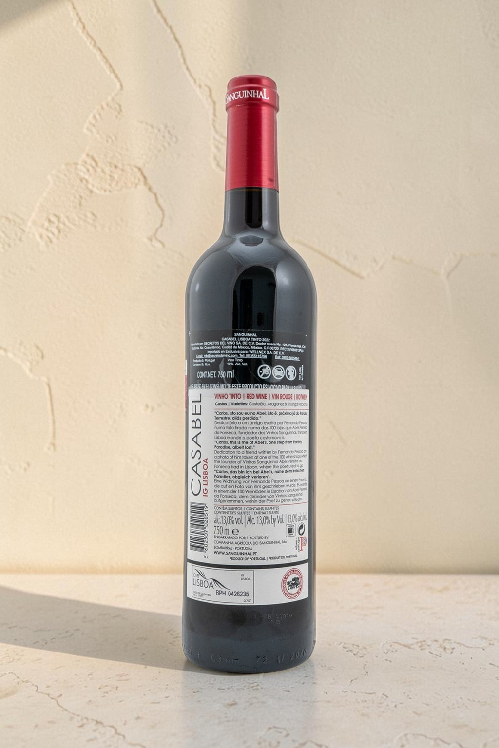 Botella de vino tinto Casabel Tinto de Wellnex con etiqueta informativa sobre fondo texturizado claro