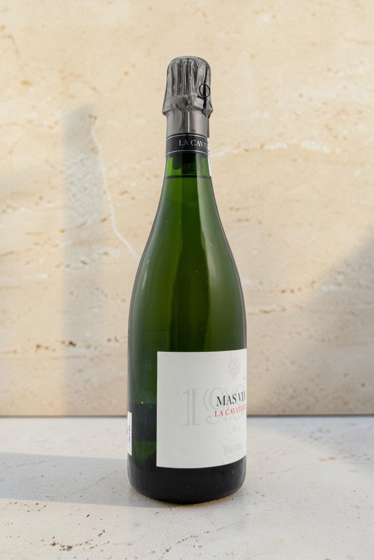 Botella de cava Mestres Cavateca MAS VIA 1998 de Wellnex con etiqueta elegante sobre fondo de piedra