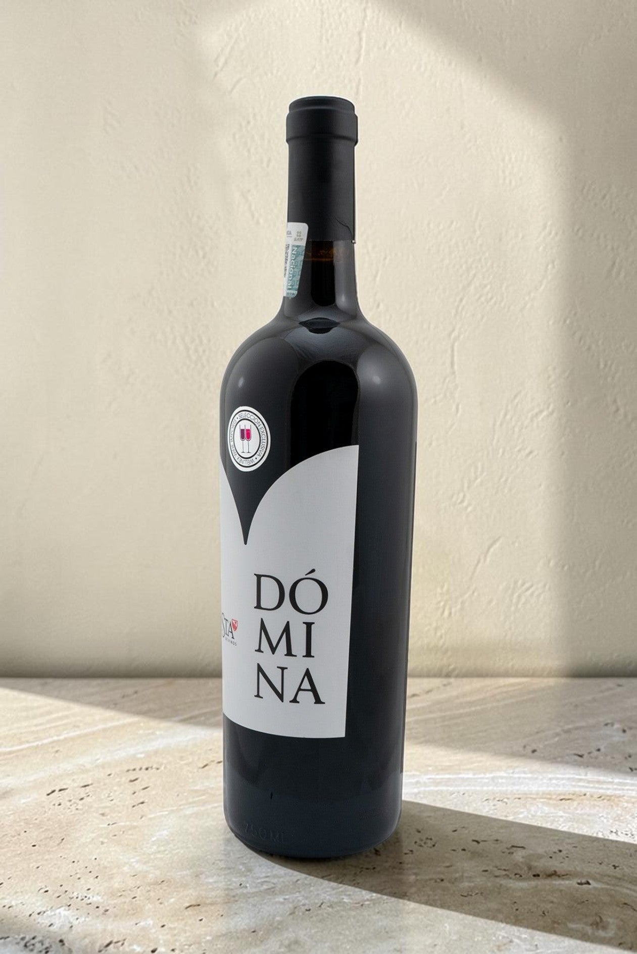 Botella de vino tinto Domina Magnum de Wellnex sobre superficie de piedra con luz natural