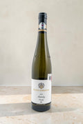 Botella de vino blanco Wellnex Emrich Schonleber VB Halenberg Riesling GG 2023 sobre superficie de piedra clara