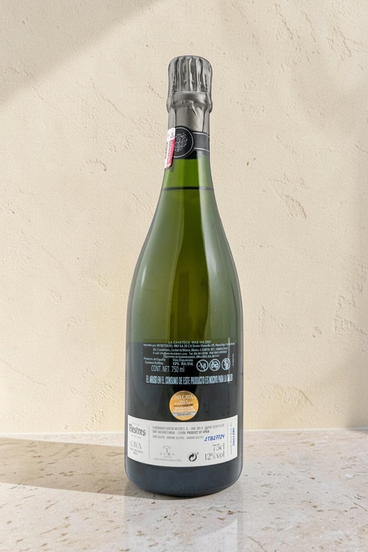 Botella de cava Mestres Cavateca MAS VIA 2002 de Wellnex vista desde la etiqueta trasera sobre superficie clara