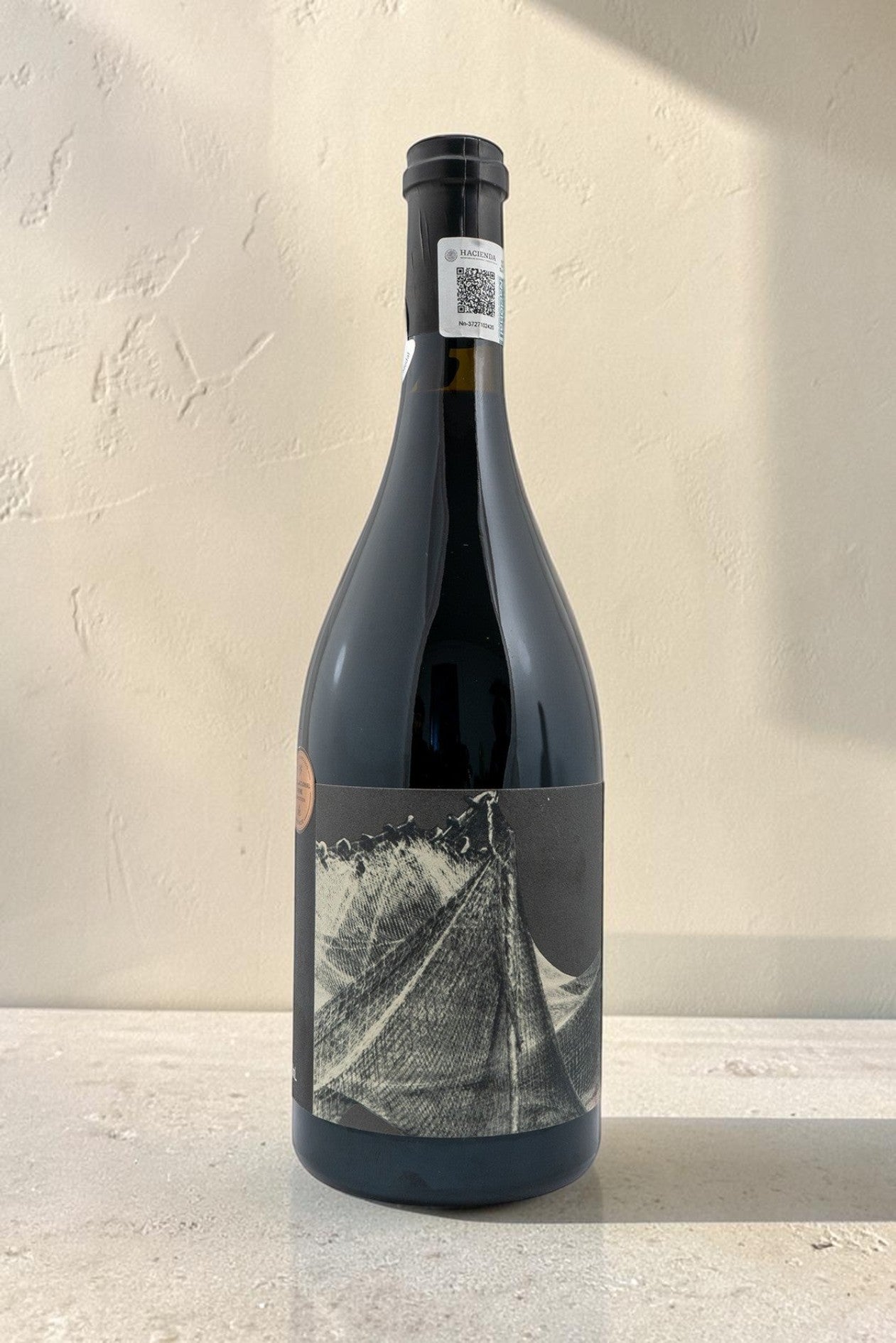 Botella de vino tinto Redes de Wellnex con etiqueta artística sobre fondo neutro