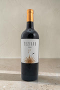 Botella de vino tinto Wellnex Teziano Syrah con etiqueta blanca y diseño de avión sobre fondo neutro