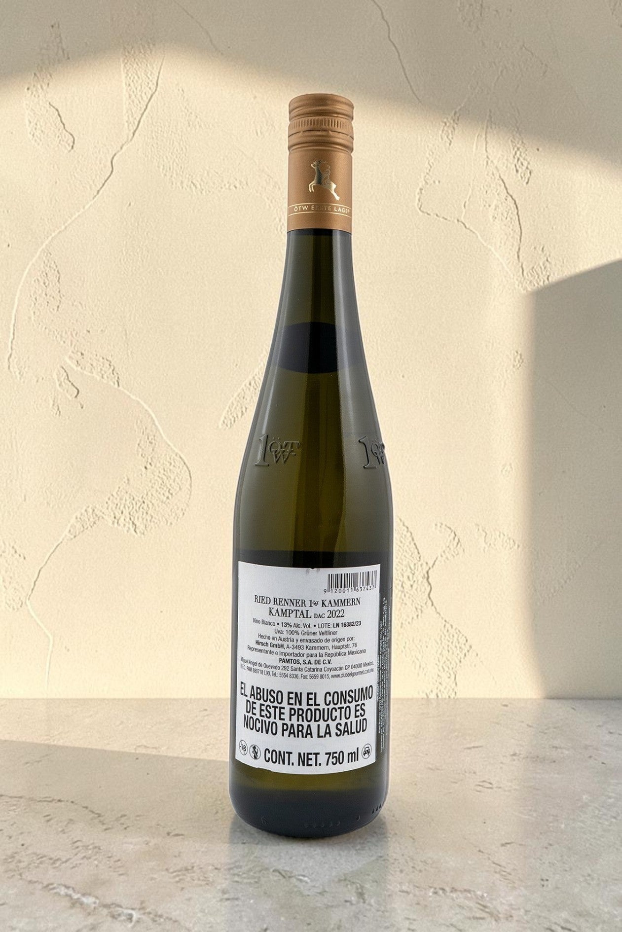Botella de vino blanco Hirsch VB Ried Gaisberg Kammern Gruner Veltliner de Wellnex con etiqueta informativa