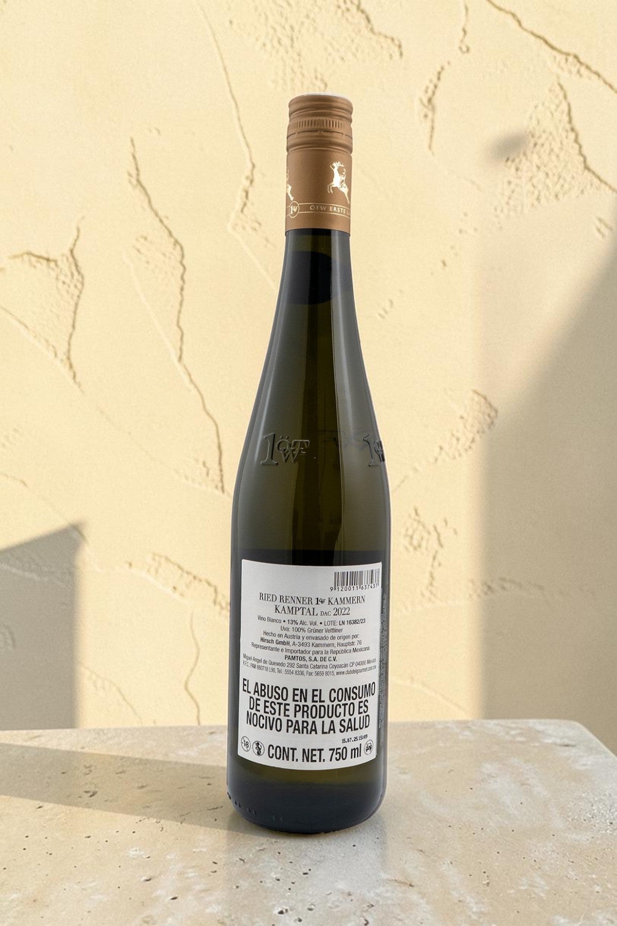 Botella de vino blanco Hirsch VB Ried Renner Kammern Gruner Veltliner de Wellnex sobre superficie clara