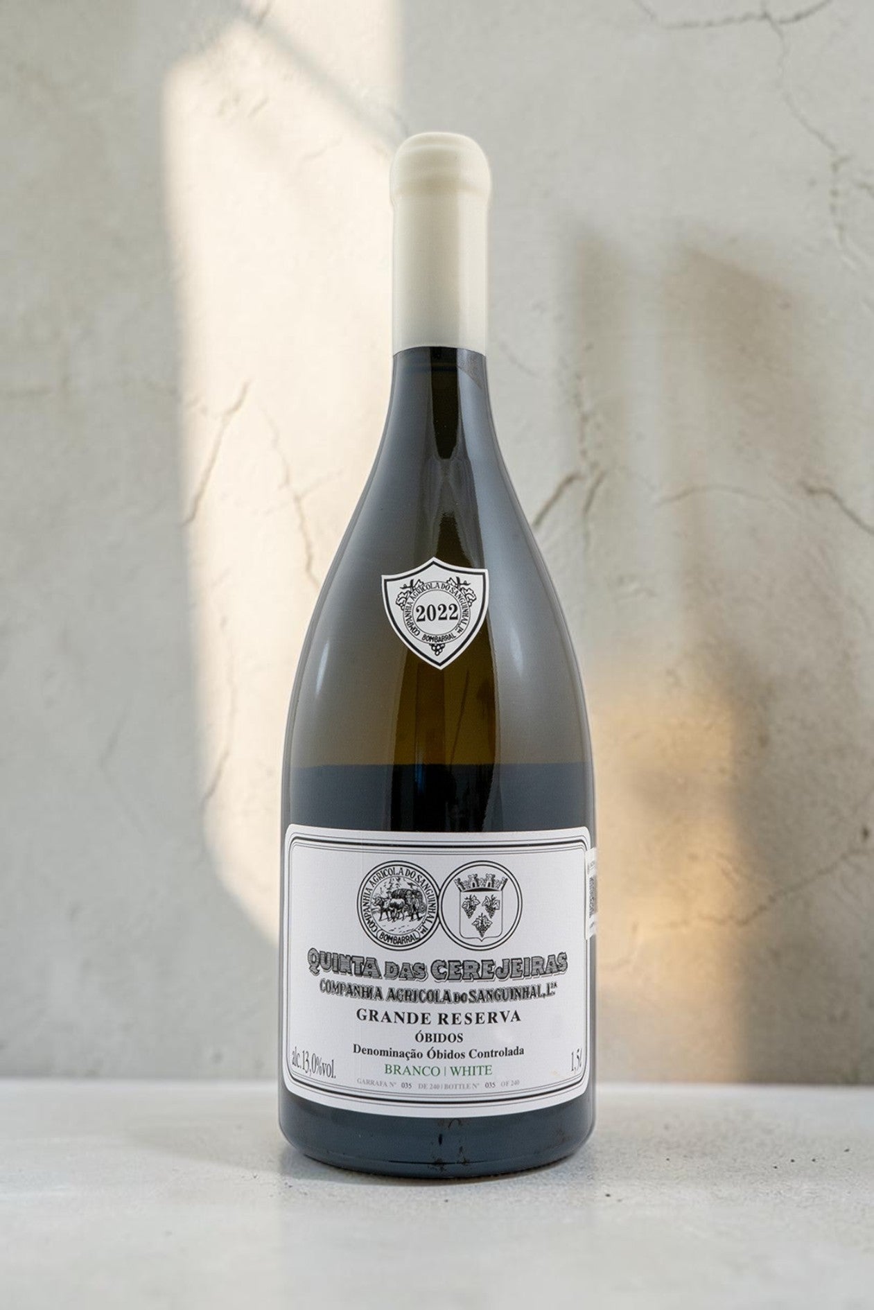 Botella Magnum de vino blanco Gran Reserva Wellnex con etiqueta elegante sobre fondo neutro