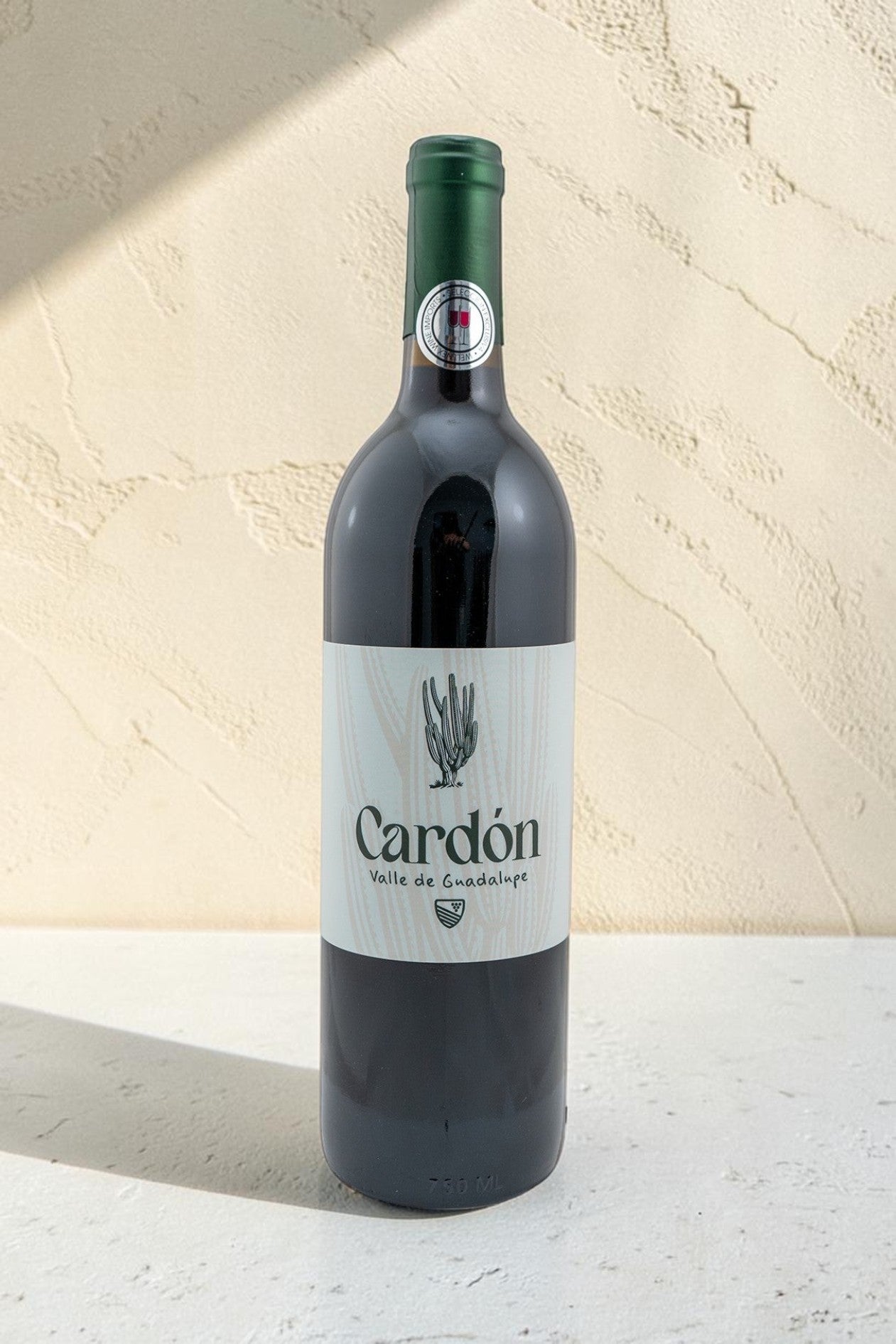 Botella de vino tinto Wellnex Cardon con etiqueta de diseño de cactus sobre fondo texturizado claro