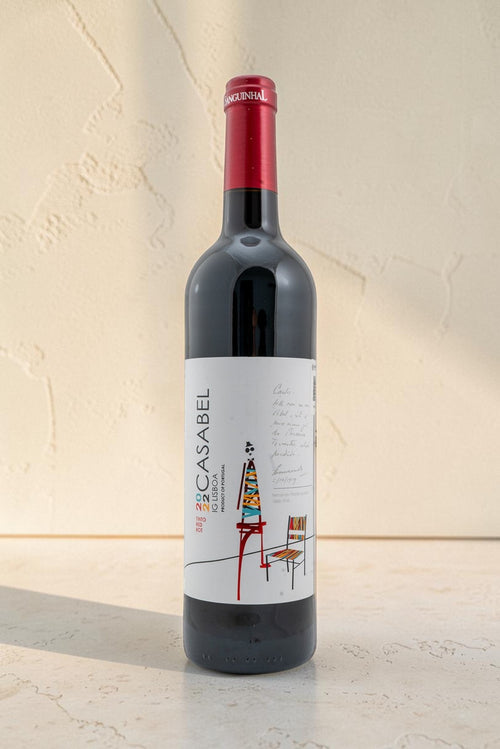 Botella de vino tinto Casabel de Wellnex con etiqueta ilustrada, cápsula roja y diseño elegante sobre fondo neutro.